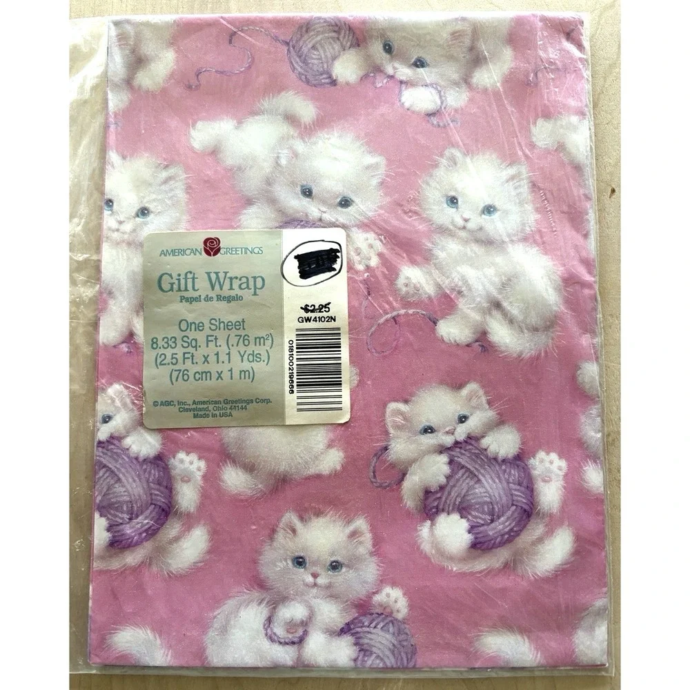 Vtg American Greetings Kitten Cat Gift Wrap NIP One Sheet LOT of 2 Calico White